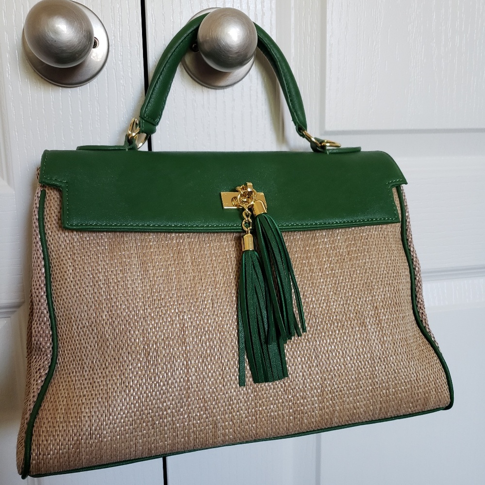 ALDO Straw Handbag with Green Accents and Tassle